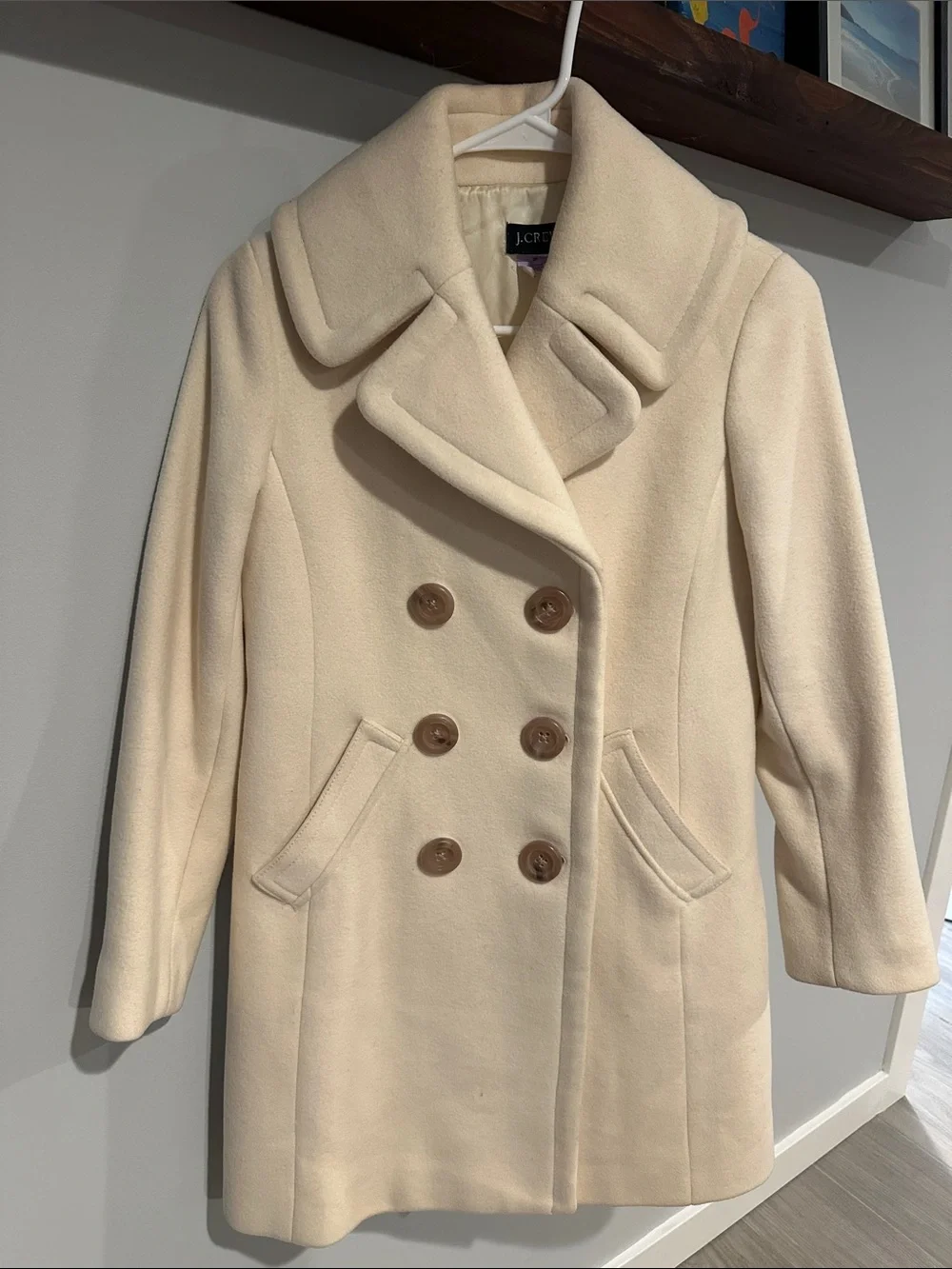 J. Crew Cream Double-Breasted Pea Coat with Brown Buttons